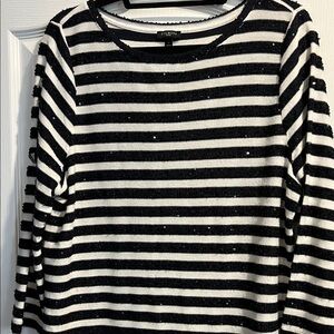 Talbots lightweight black sequin/off white striped poly/rayon top.